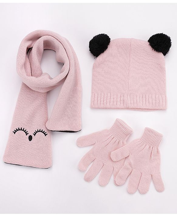 Babyhug Woollen Cap Gloves With Muffler Eye Print Pink - Cap Diameter 11 cm