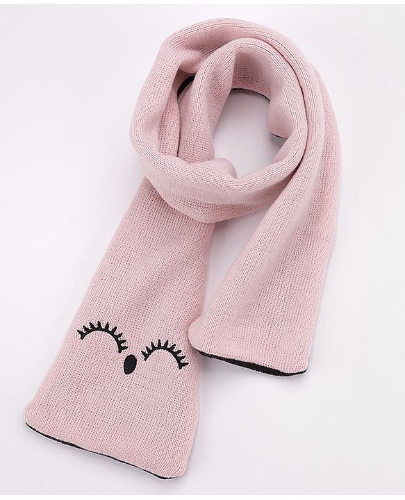 Babyhug Woollen Cap Gloves With Muffler Eye Print Pink - Cap Diameter 11 cm