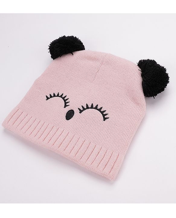 Babyhug Woollen Cap Gloves With Muffler Eye Print Pink - Cap Diameter 11 cm