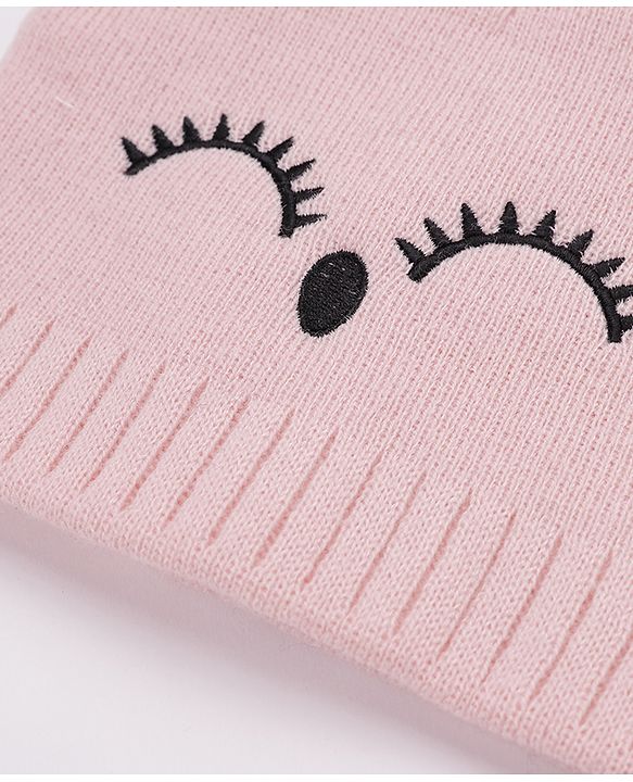 Babyhug Woollen Cap Gloves With Muffler Eye Print Pink - Cap Diameter 11 cm