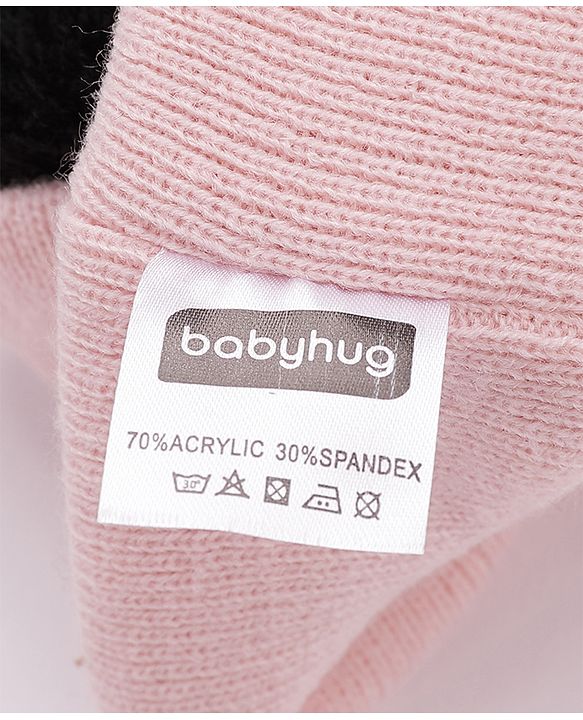 Babyhug Woollen Cap Gloves With Muffler Eye Print Pink - Cap Diameter 11 cm