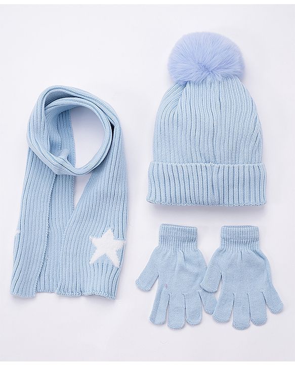 Babyhug Woollen Cap Gloves With Muffler Star Print Blue - Cap Diameter 10 cm