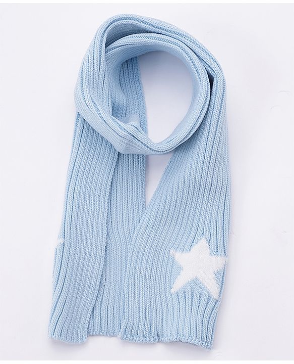 Babyhug Woollen Cap Gloves With Muffler Star Print Blue - Cap Diameter 10 cm