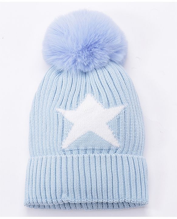 Babyhug Woollen Cap Gloves With Muffler Star Print Blue - Cap Diameter 10 cm