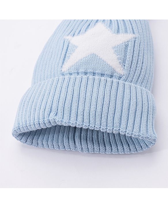 Babyhug Woollen Cap Gloves With Muffler Star Print Blue - Cap Diameter 10 cm
