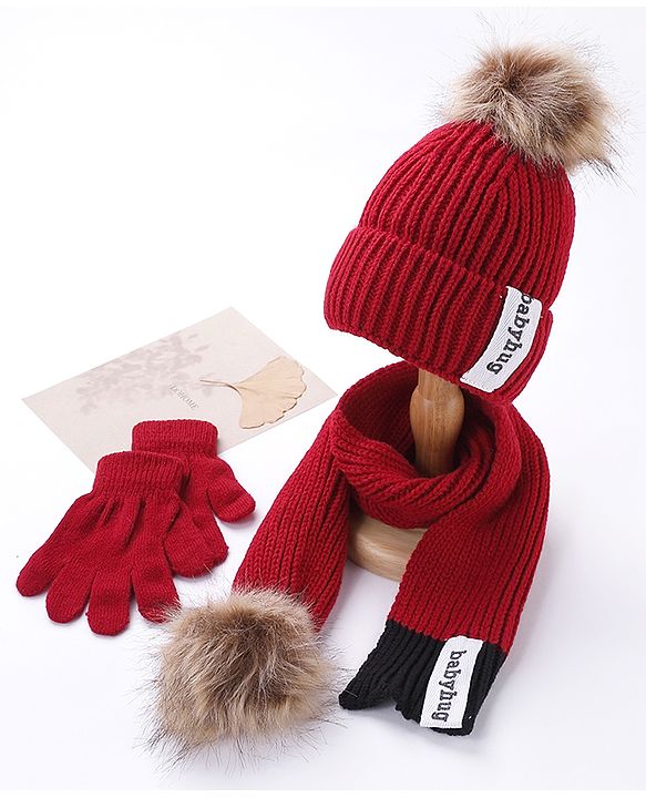 Babyhug Woollen Cap Gloves With Muffler Solid Red - Cap Diameter 10.5 cm