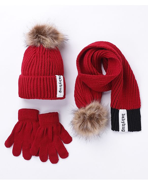 Babyhug Woollen Cap Gloves With Muffler Solid Red - Cap Diameter 10.5 cm