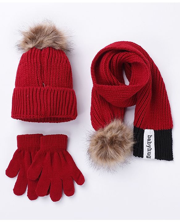 Babyhug Woollen Cap Gloves With Muffler Solid Red - Cap Diameter 10.5 cm