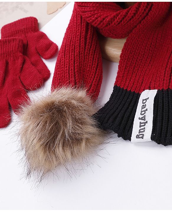 Babyhug Woollen Cap Gloves With Muffler Solid Red - Cap Diameter 10.5 cm