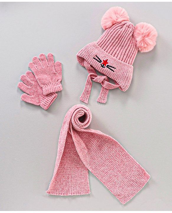Babyhug Cotton Woollen Cap Muffler and Gloves Set Pink - Circumference 44 cm