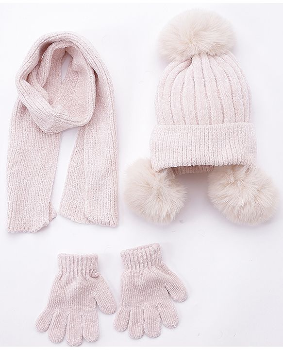 Babyhug Woollen Cap Muffler & Hand Gloves Off White - Diameter 12 cm