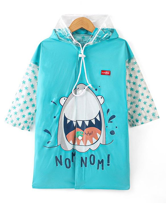 Babyhug Full Sleeves Hooded Raincoat Shark Print - Blue
