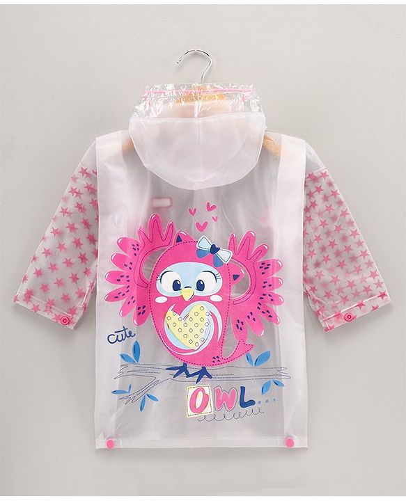 Babyhug Full Sleeves Hooded Raincoat Owl Print - Pink