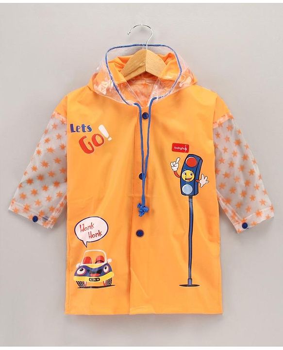 Babyhug Full Sleeves Hooded Raincoat Car Print - Orange