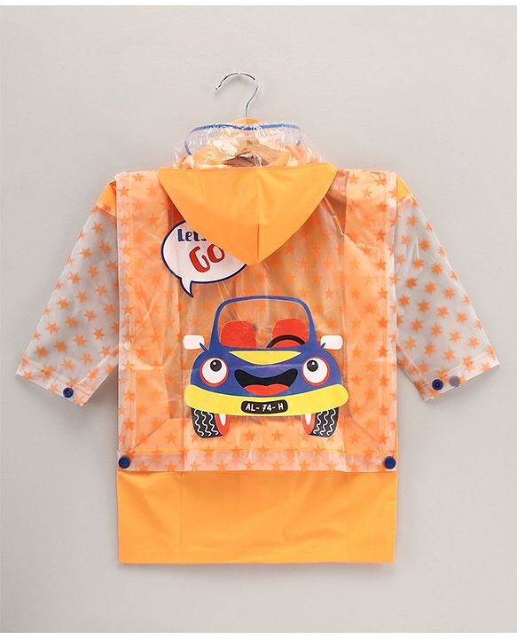 Babyhug Full Sleeves Hooded Raincoat Car Print - Orange