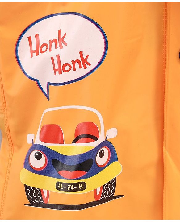Babyhug Full Sleeves Hooded Raincoat Car Print - Orange