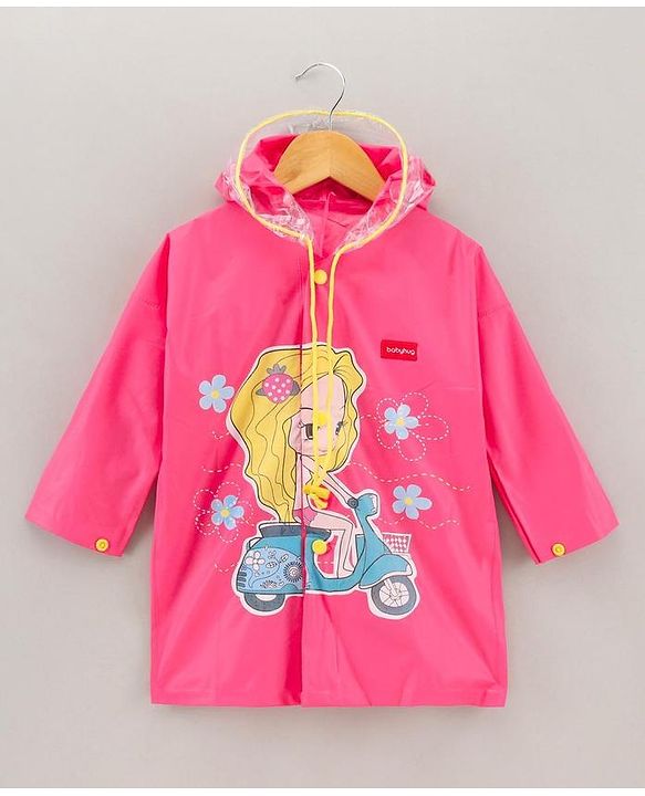 Babyhug Full Sleeves Hooded Raincoat Girl Scooter Print - Pink