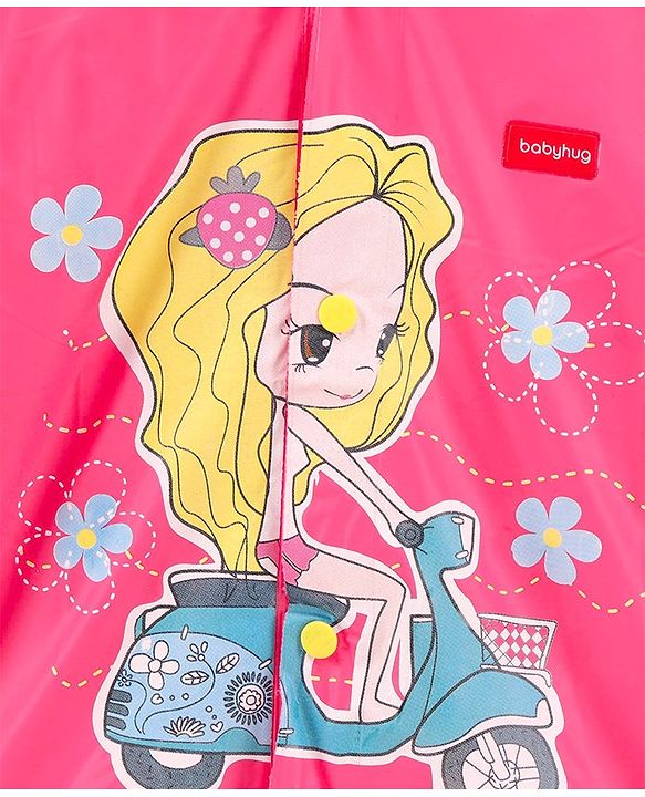 Babyhug Full Sleeves Hooded Raincoat Girl Scooter Print - Pink