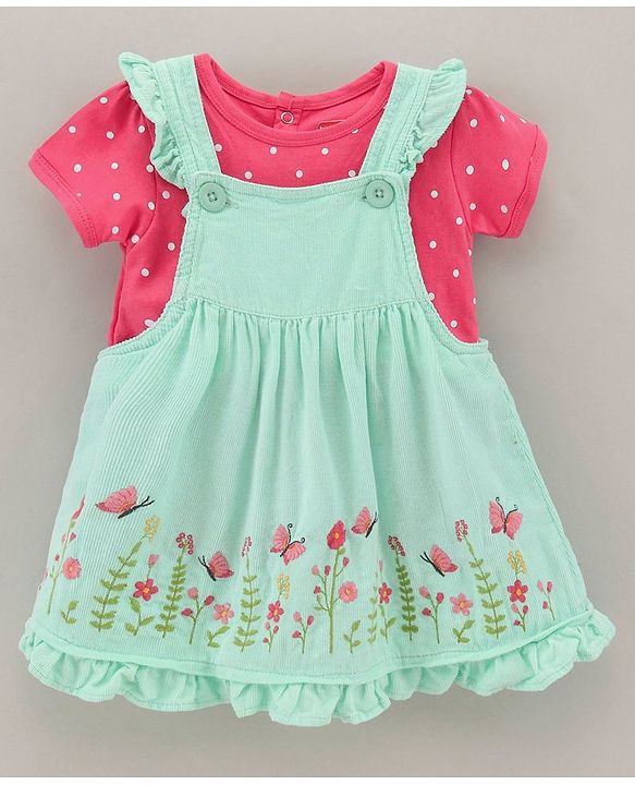 Babyhug 100% Cotton Frock with  Half Sleeves Inner Tee Floral Embroidery - Aqua Blue