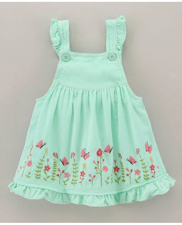 Babyhug 100% Cotton Frock with  Half Sleeves Inner Tee Floral Embroidery - Aqua Blue