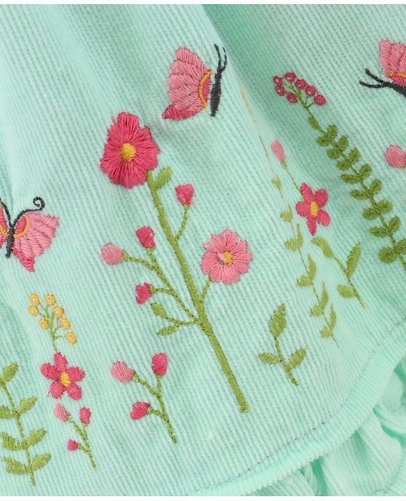 Babyhug 100% Cotton Frock with  Half Sleeves Inner Tee Floral Embroidery - Aqua Blue
