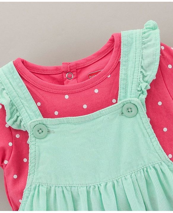Babyhug 100% Cotton Frock with  Half Sleeves Inner Tee Floral Embroidery - Aqua Blue
