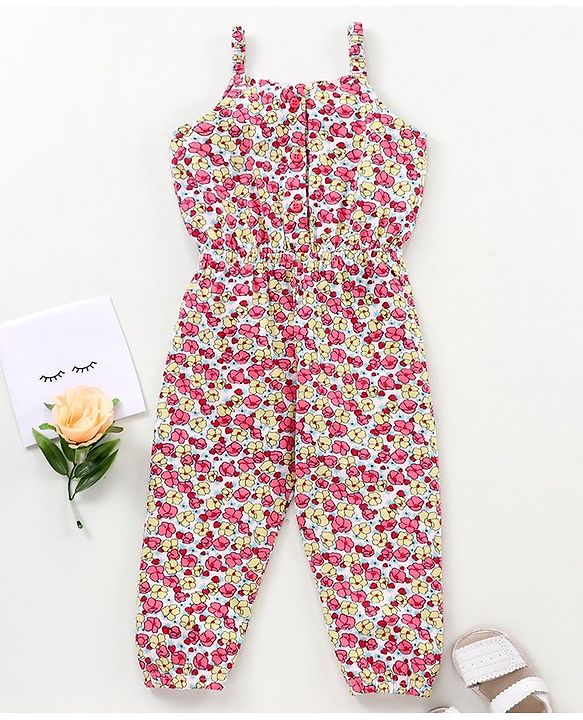 Babyhug 100% Cotton Singlet Sleeves Jumpsuit Floral Print - Pink