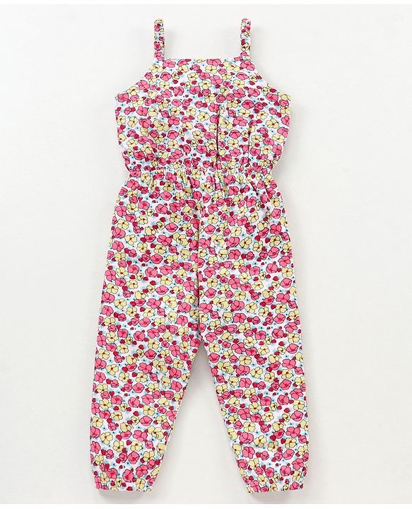 Babyhug 100% Cotton Singlet Sleeves Jumpsuit Floral Print - Pink