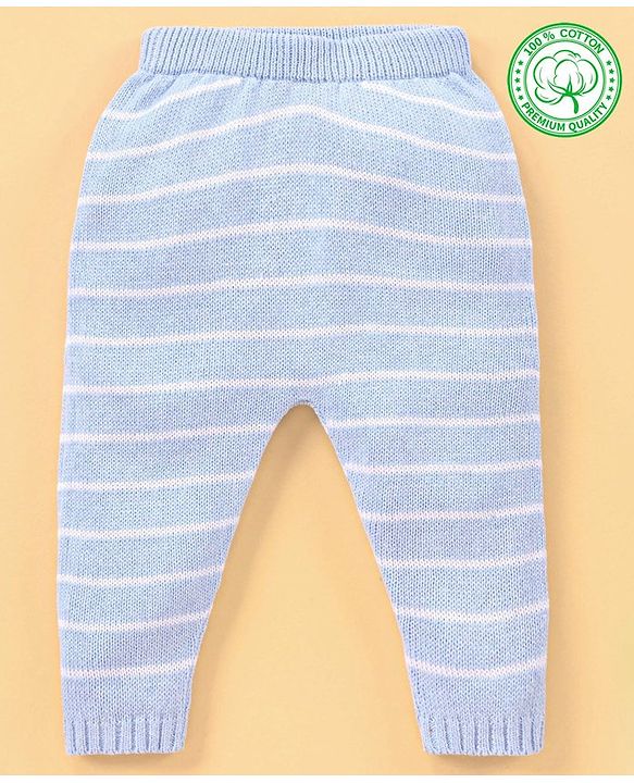 Babyhug 100% Organic Cotton Full Length Striped Fleece Pant - Blue