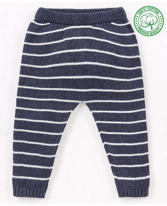 Babyhug 100% Organic Cotton Full Length Striped Fleece Pant - Navy