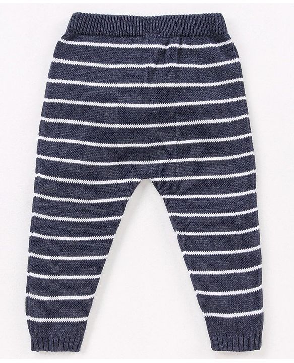 Babyhug 100% Organic Cotton Full Length Striped Fleece Pant - Navy