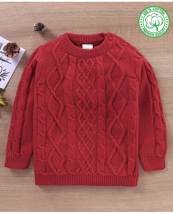 Babyhug 100% Organic Cotton Full Sleeves Cable Knit Sweater- Red