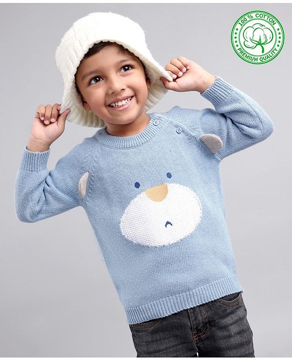 Babyhug 100% Organic Cotton Knit Full Sleeves Sweater Animal Face Design With Ear Applique- Blue