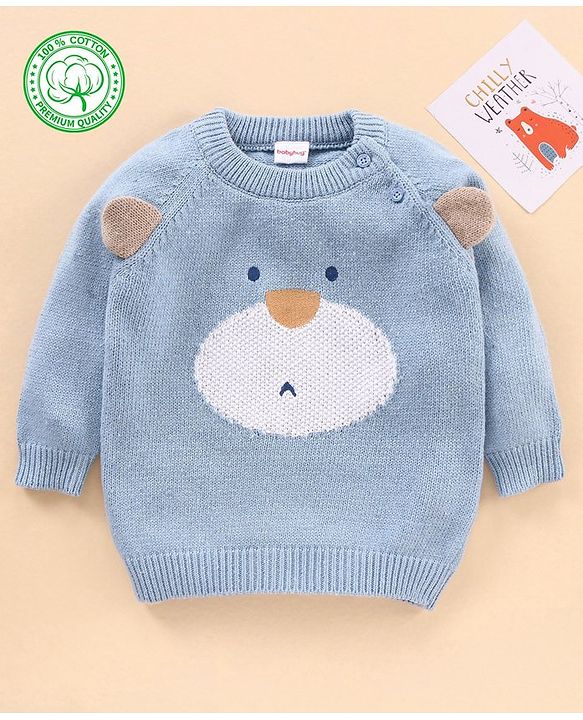 Babyhug 100% Organic Cotton Knit Full Sleeves Sweater Animal Face Design With Ear Applique- Blue