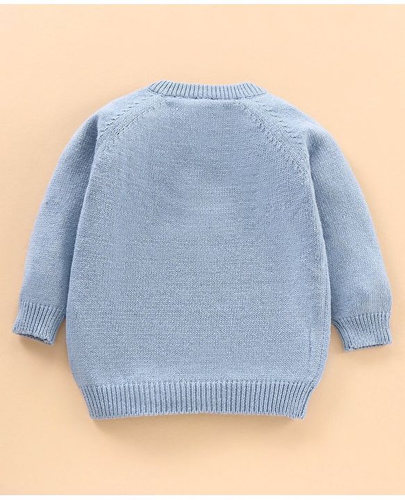 Babyhug 100% Organic Cotton Knit Full Sleeves Sweater Animal Face Design With Ear Applique- Blue