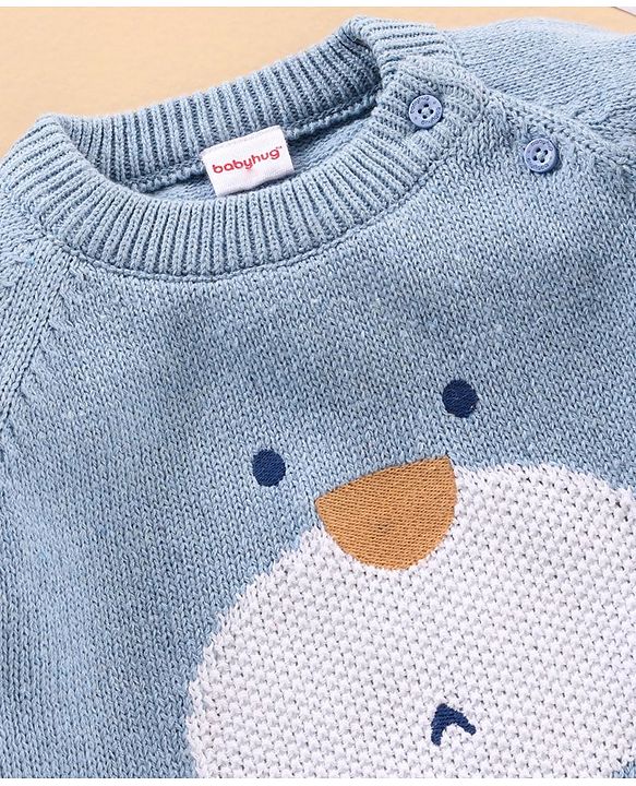 Babyhug 100% Organic Cotton Knit Full Sleeves Sweater Animal Face Design With Ear Applique- Blue