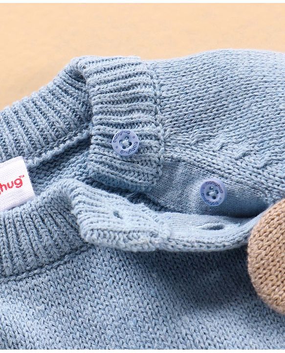 Babyhug 100% Organic Cotton Knit Full Sleeves Sweater Animal Face Design With Ear Applique- Blue