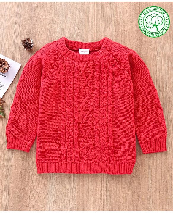 Babyhug 100% Organic Cotton Full Sleeves Cable Knit Sweater - Red