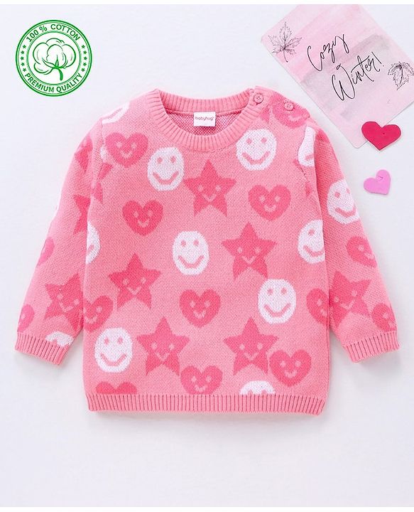 Babyhug 100% Organic Cotton Full Sleeves Pullovers Smily Design - Pink