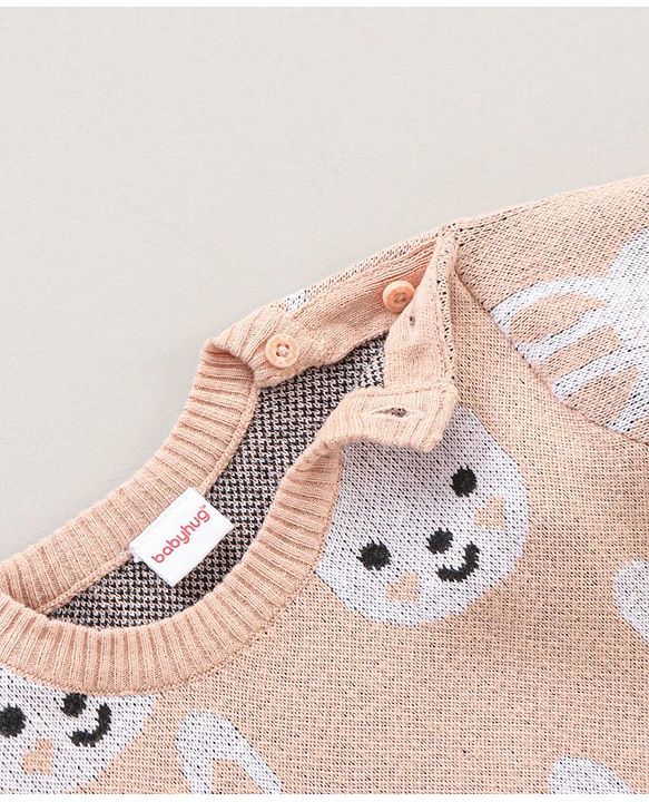 Babyhug 100% Organic Cotton Full Sleeves Pullover Sweater Bunny Design - Pink