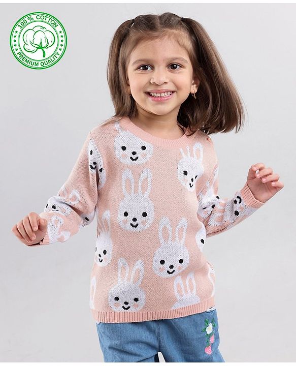 Babyhug 100% Organic Cotton Full Sleeves Pullover Sweater Bunny Design - Pink