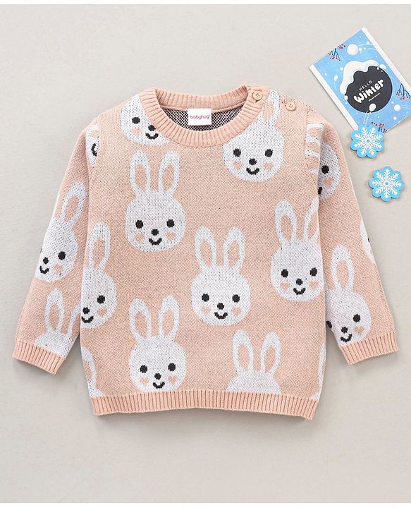 Babyhug 100% Organic Cotton Full Sleeves Pullover Sweater Bunny Design - Pink