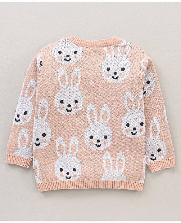 Babyhug 100% Organic Cotton Full Sleeves Pullover Sweater Bunny Design - Pink