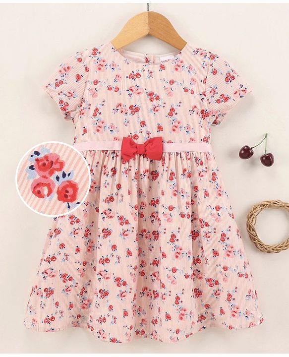 Babyhug Cotton Short Sleeves One-Piece Frock Floral Print - Pink