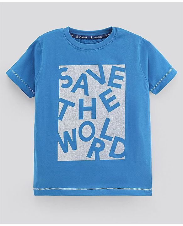 Pine Kids Half Sleeves Biowashed T-Shirt Text Print - Blue