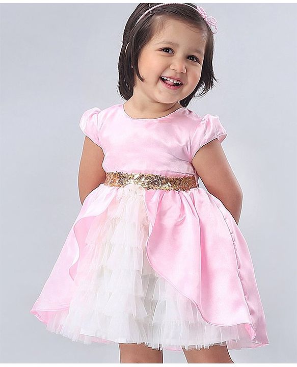 Babyhug Cap Sleeves Soft Satin and Mesh Party Wear Frock - Baby Pink