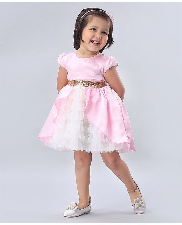 Babyhug Cap Sleeves Soft Satin and Mesh Party Wear Frock - Baby Pink