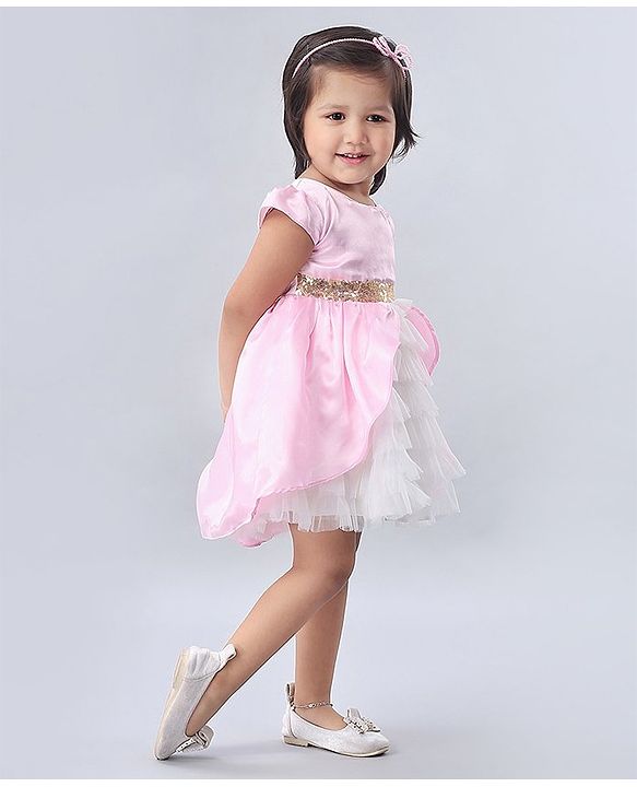 Babyhug Cap Sleeves Soft Satin and Mesh Party Wear Frock - Baby Pink
