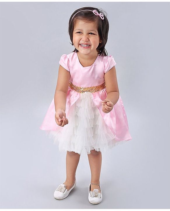 Babyhug Cap Sleeves Soft Satin and Mesh Party Wear Frock - Baby Pink