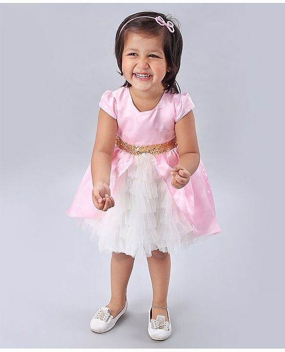 Babyhug Cap Sleeves Soft Satin and Mesh Party Wear Frock - Baby Pink